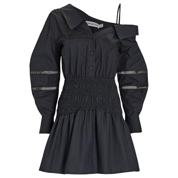 SELF PORTRAIT Black One Shoulder Cotton Poplin Ruched Crochet Trim Dress, Size 0 - Picture 2 of 11